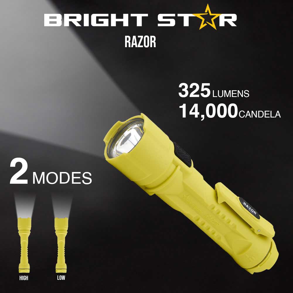 razor led flashlight with infographic displaying modes